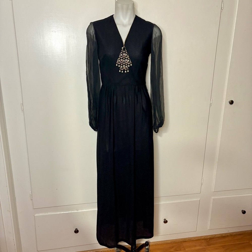 Vintage 70s JCPenney Black Polyester V Neck Maxi Dress with Sheer Long Sleeve